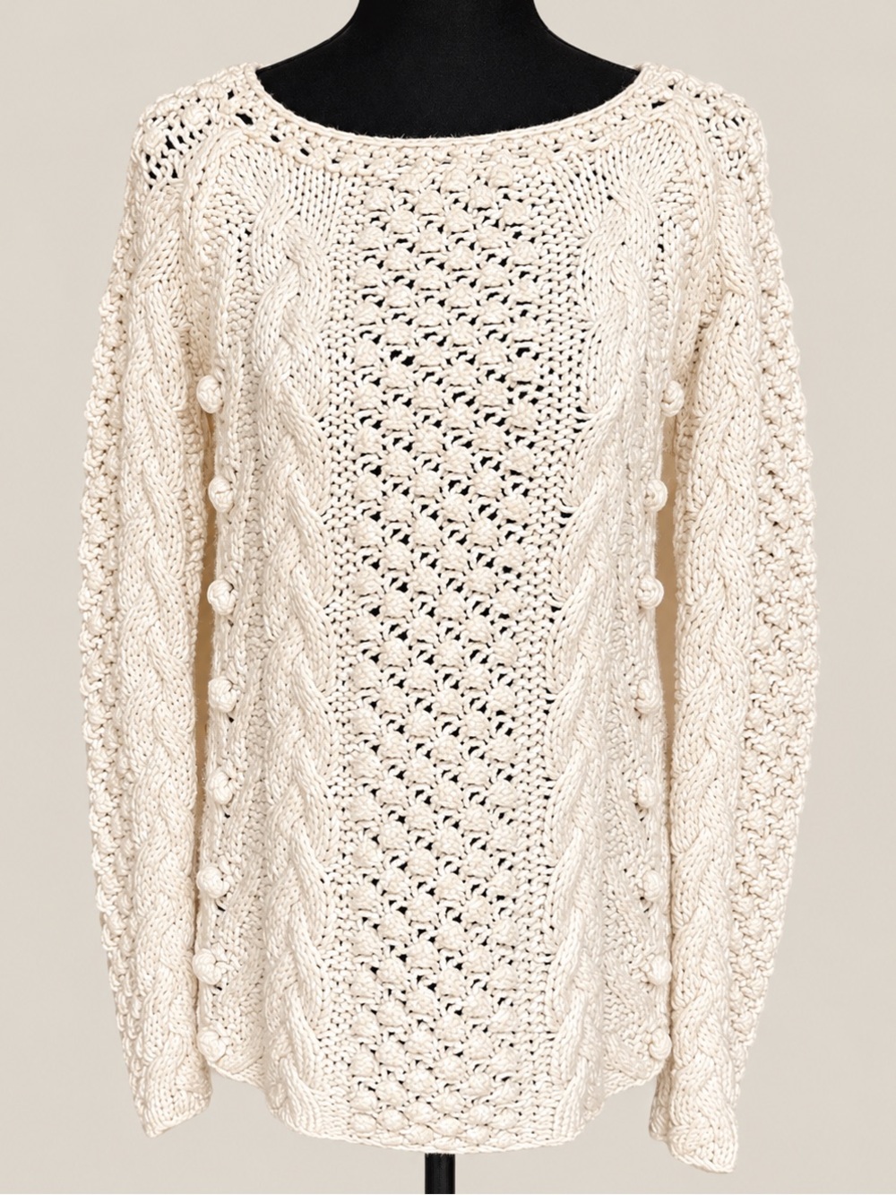 Moda International Cream Cable Knit Bobble Sweater XS